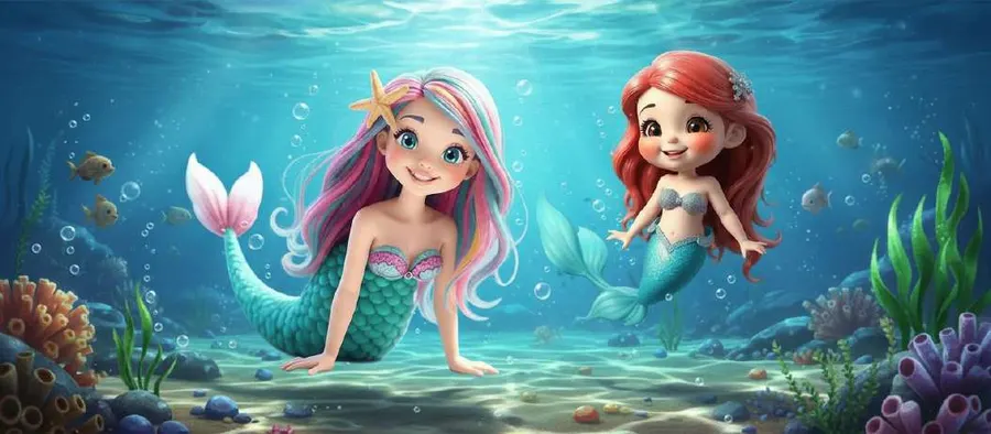 Dos sirenas nadan bajo el agua transparente de un lago entre plantas acuáticas