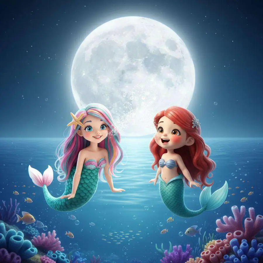 Sirenas y hadas celebran juntas en el lago bajo una luna llena que ilumina el agua
