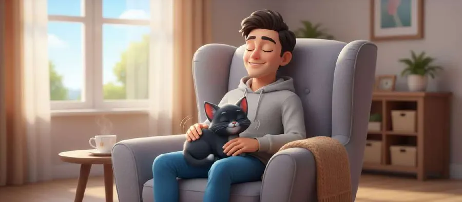 Mario descansa en el sillón del salón con Mamba, su gato negro, ronroneando en el regazo