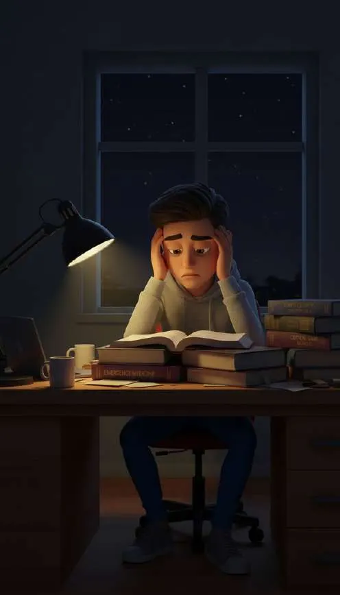 Mario se sujeta la cabeza sobre una pila de libros abiertos, de noche, con el flexo encendido