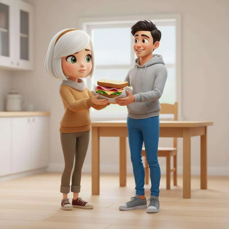Bea le acerca a Mario un bocadillo en la cocina mientras él estudia