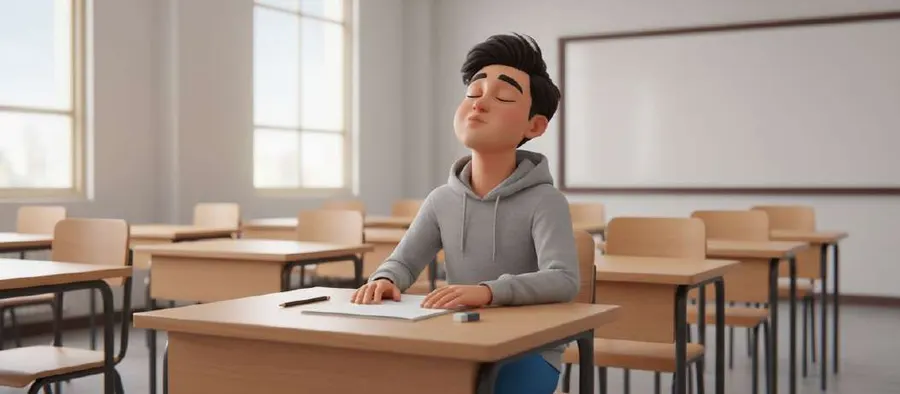 Mario espera con los ojos cerrados en el pupitre del aula de examen, con el folio en blanco delante
