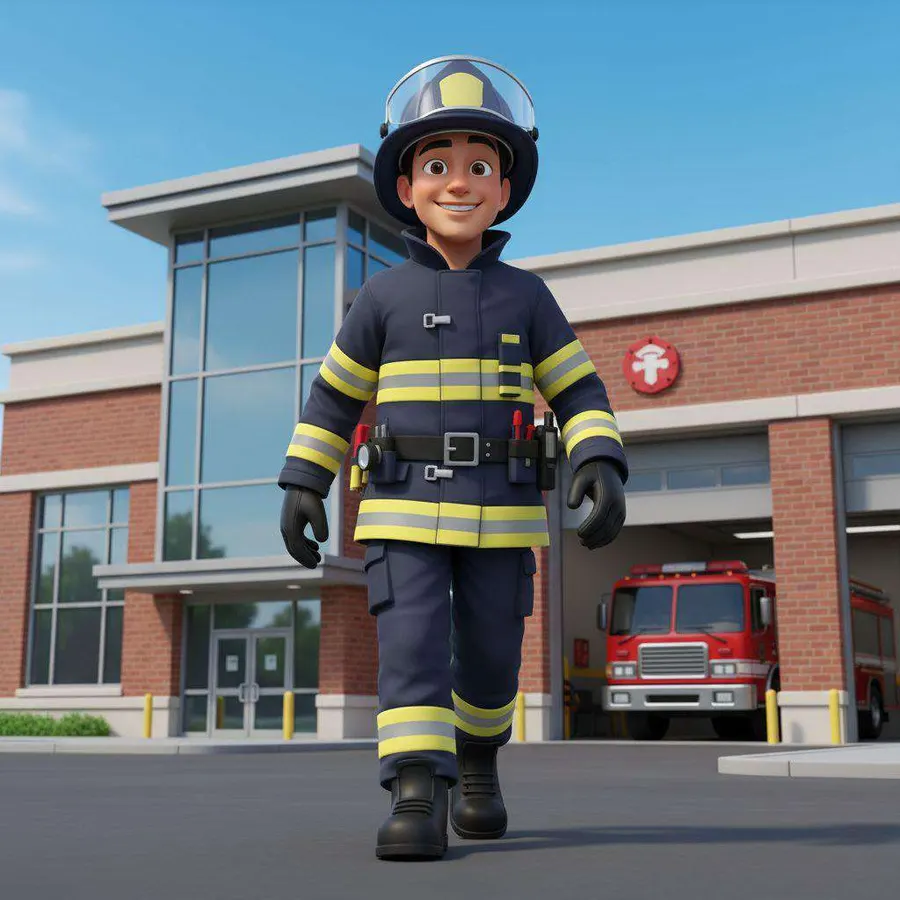 Mario camina con el uniforme y el casco de bombero delante del parque, con el camión rojo al fondo