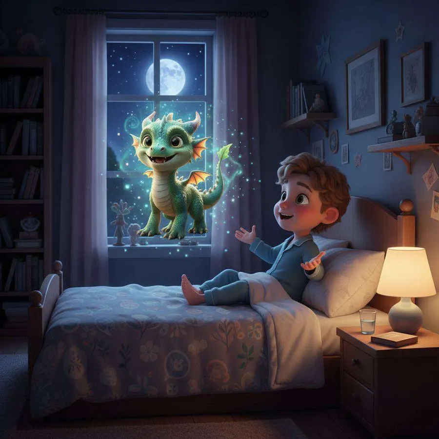 Rayo, un dragón verde azulado, aparece flotando en la ventana del dormitorio de Hugo bajo la luna llena