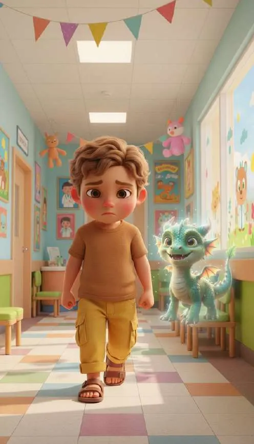 Hugo camina cabizbajo por el pasillo del centro de salud, decorado con dibujos infantiles, seguido por el dragón Rayo