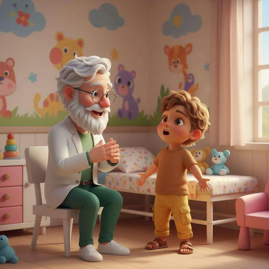 El doctor Tomás, sentado a la altura de Hugo, le habla con calma en una consulta llena de dibujos de animales