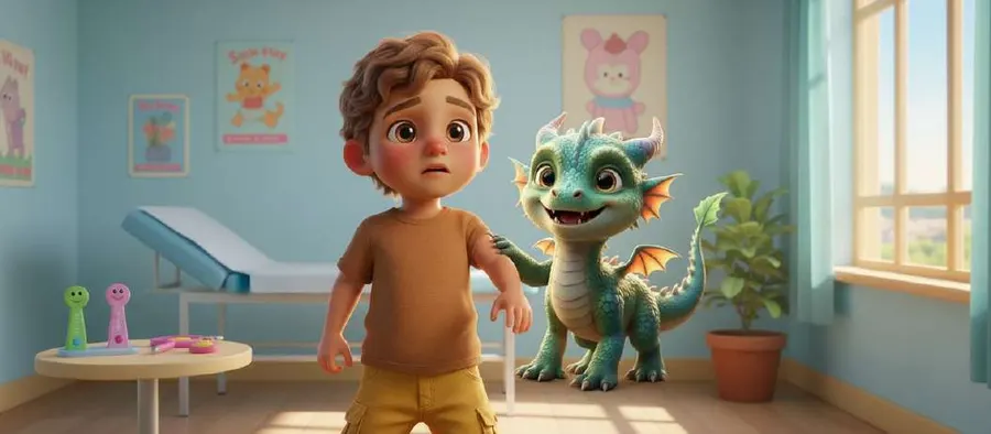 Hugo, de pie en la consulta, extiende el brazo mientras el dragón Rayo le acompaña a su lado