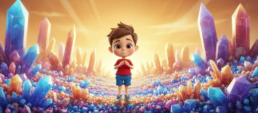 Un niño con el balón entre las manos aguarda de pie en un campo rodeado de cristales gigantes de colores al atardecer