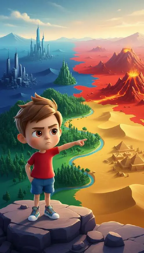 Un niño en lo alto de una roca señala un paisaje partido en cuatro: una ciudad helada, un bosque, un desierto y un volcán