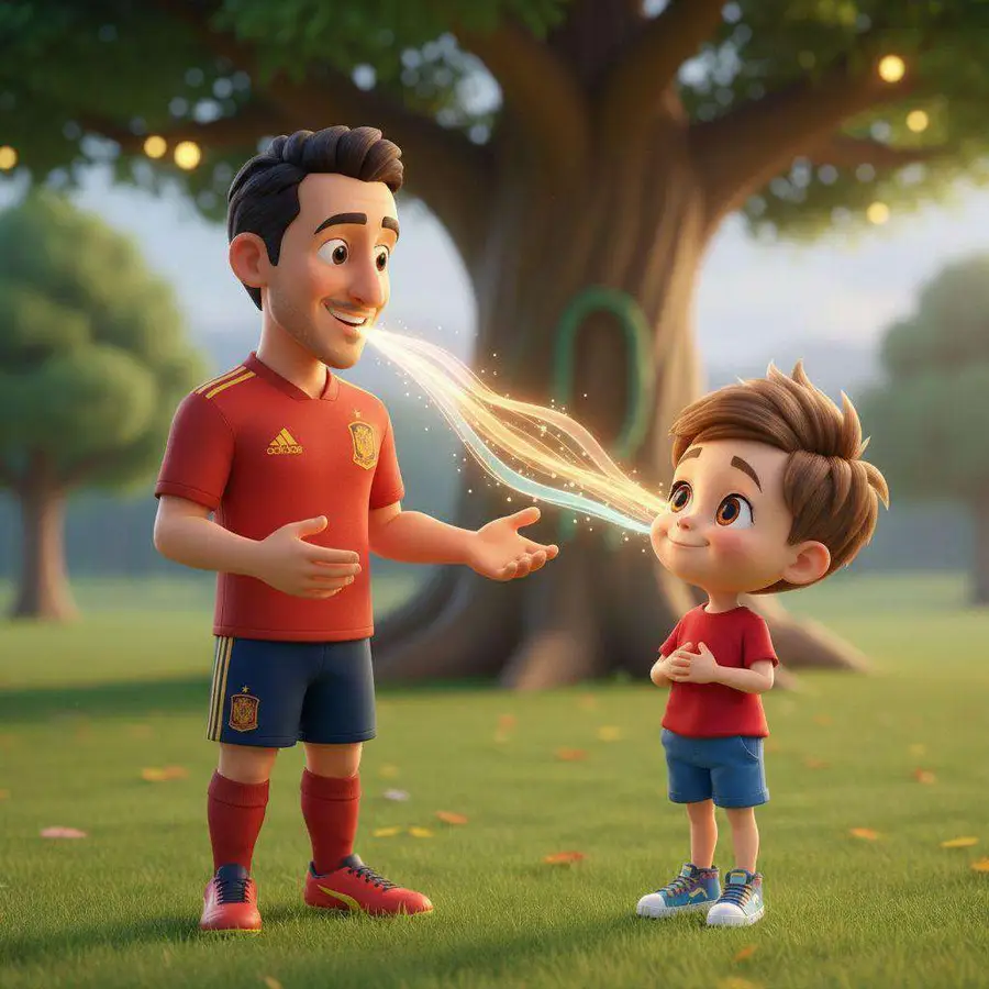 Un futbolista con la camiseta roja de España pasa un hilo de luz a un niño bajo un árbol enorme