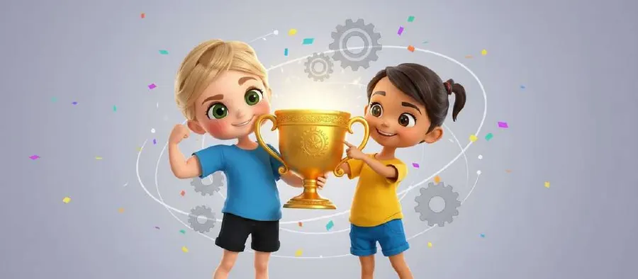 Dos niños levantan juntos una copa dorada entre confeti y remolinos de luz
