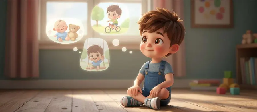 Tom, sentado en el suelo de su cuarto, recuerda en burbujas de pensamiento cuando él era un bebé con chupete