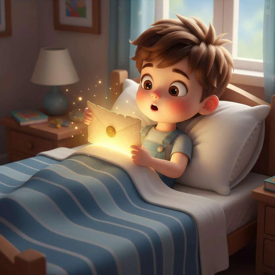 Tom, en la cama y con cara de asombro, sostiene entre las manos una carta dorada que brilla con luz propia