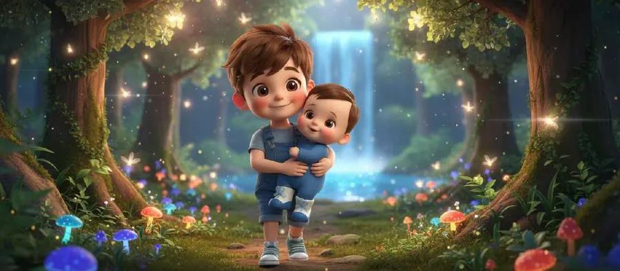 Tom lleva en brazos a su hermano Nico por un bosque de Cuentoslandia iluminado, con una cascada al fondo