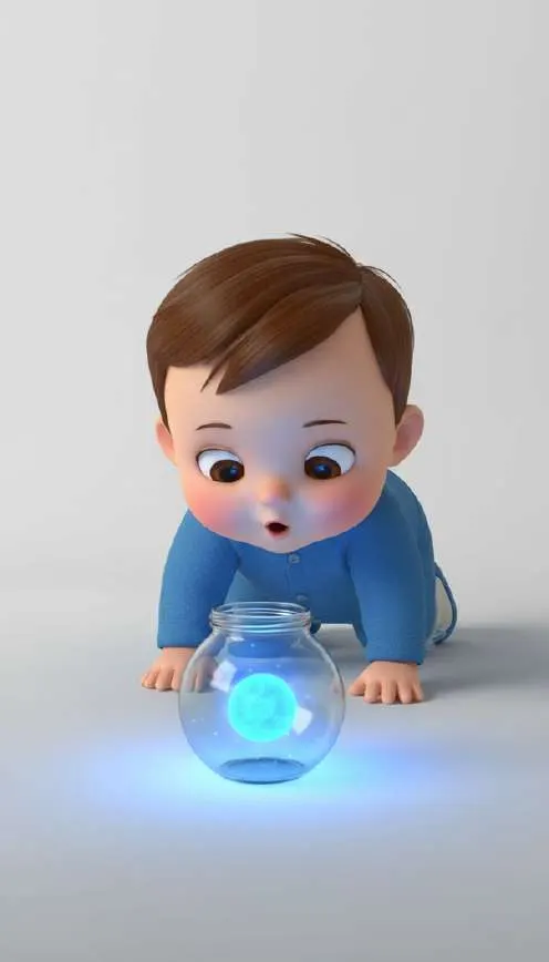 Nico, gateando en pijama azul, toca con las manos un frasco de cristal que brilla por dentro con luz azul