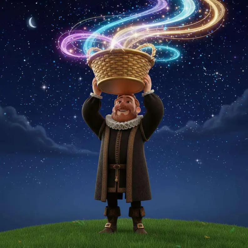 El Coleccionista alza una cesta hacia el cielo estrellado y de ella salen estelas de luz de colores