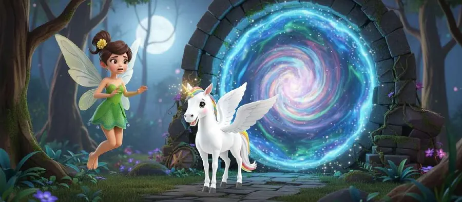 Un hada y un unicornio alado se acercan a un portal luminoso junto a un lago
