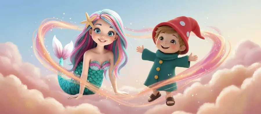 Una sirena y un pequeño mago flotan entre nubes rosadas y doradas bajo un cielo estrellado