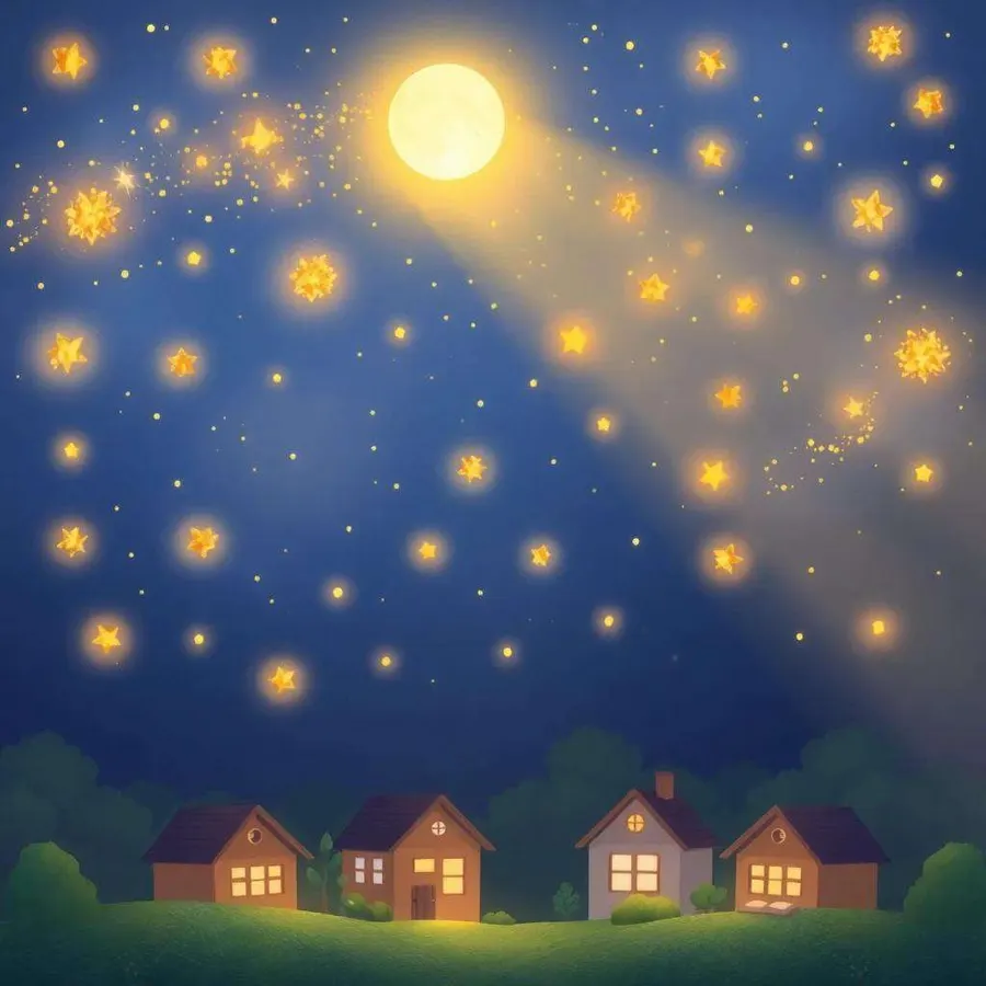 Un cielo nocturno estrellado sobre los tejados de un pueblo, con partículas doradas cayendo suavemente
