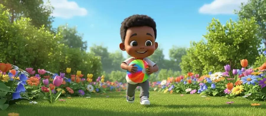 Un niño juega con una pelota en el jardín de su casa mientras dos amigos llegan corriendo