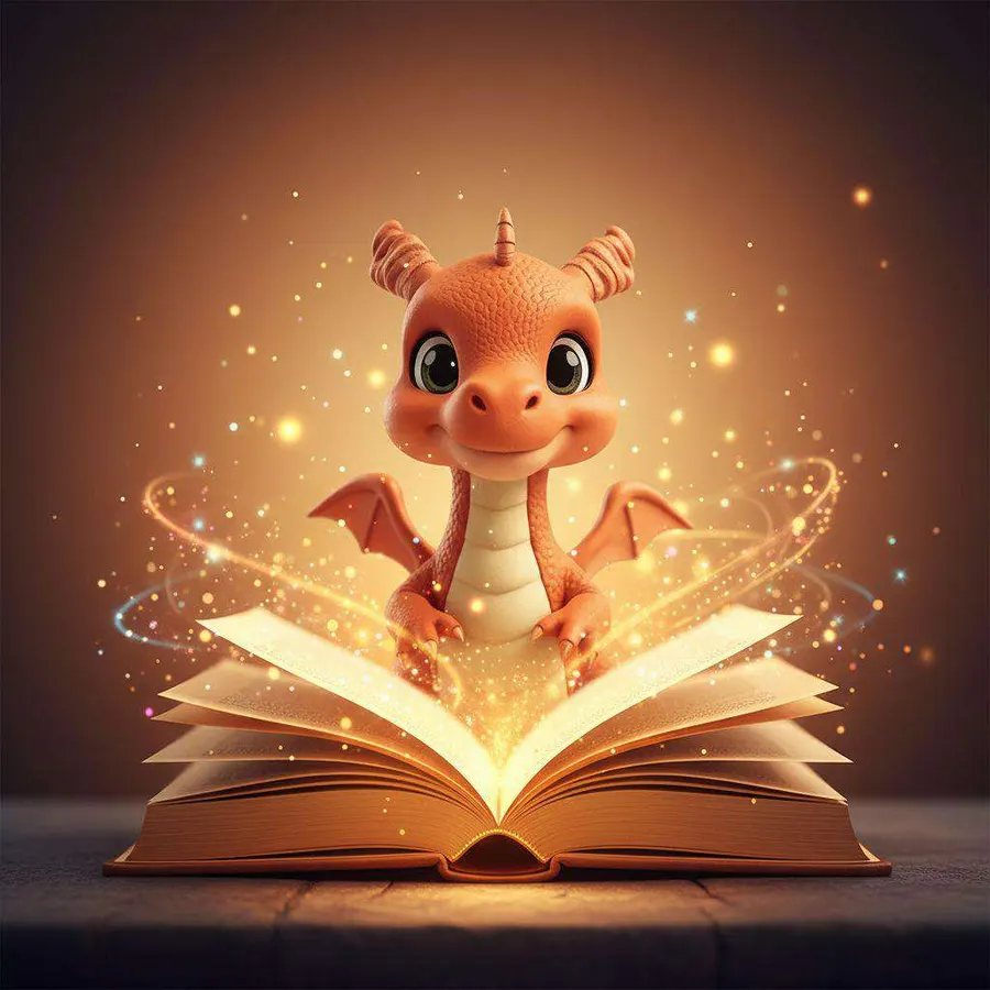 Un pequeño dragón sale de un libro abierto que despide una luz dorada en una habitación infantil