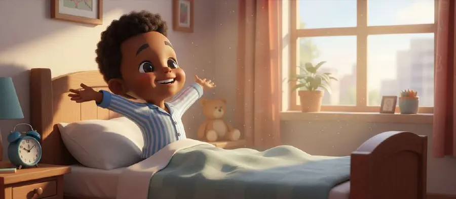 Un niño despierta emocionado en su cama con la luz de la mañana entrando por la ventana