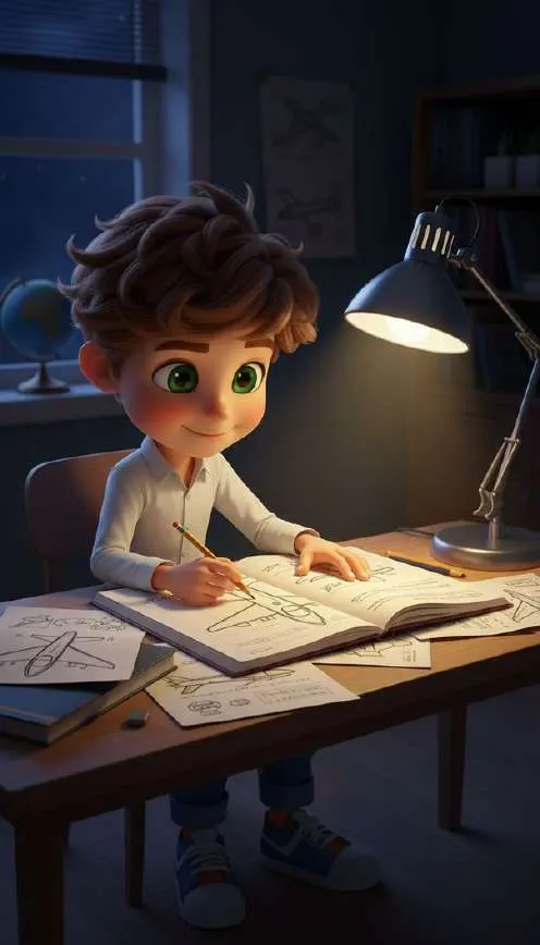 Un niño dibuja aviones en un cuaderno sobre una mesa de madera, iluminado por un flexo en la penumbra de su cuarto