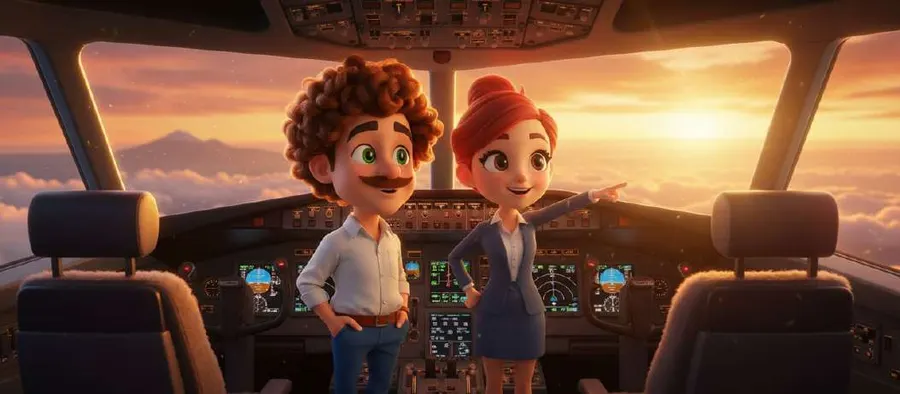 Un piloto y una azafata sonríen de pie en la cabina de un avión mientras el sol se pone al otro lado del parabrisas