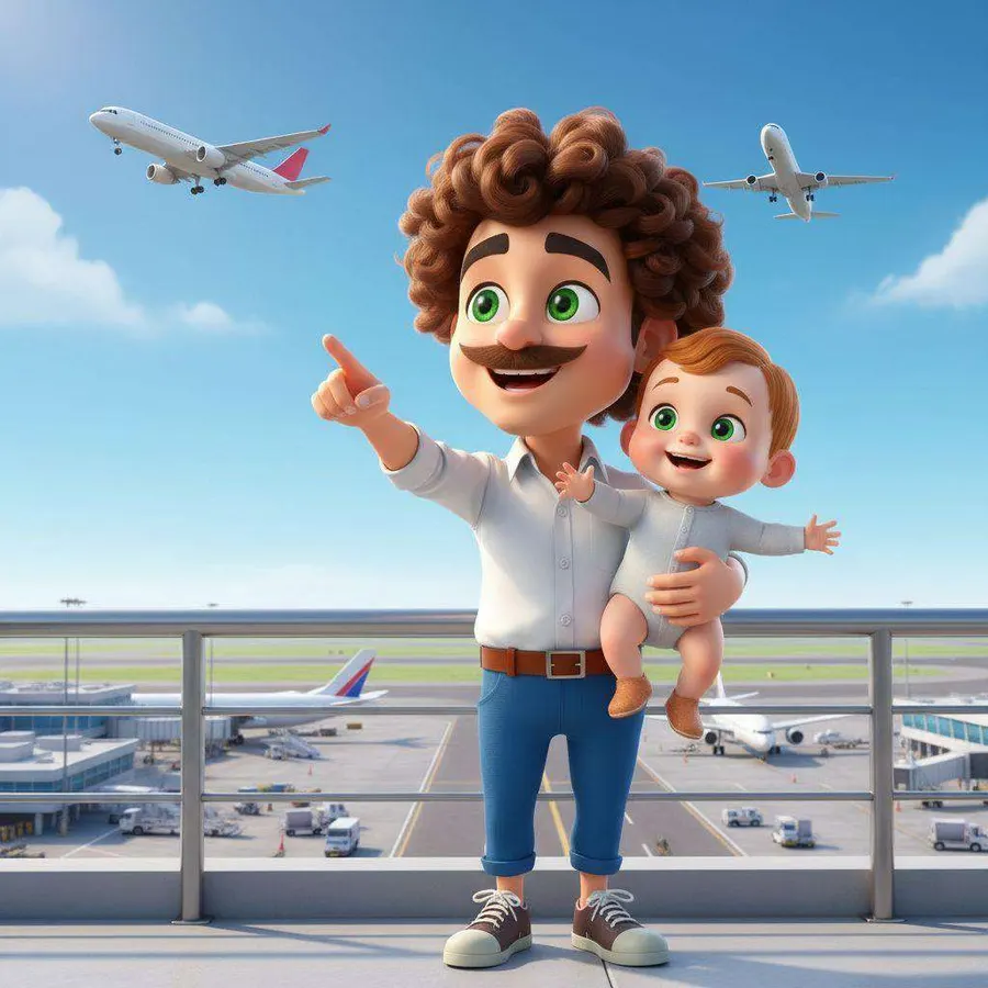 Un hombre con bigote sostiene en brazos a un bebé y le señala dos aviones en el cielo desde la terraza de un aeropuerto