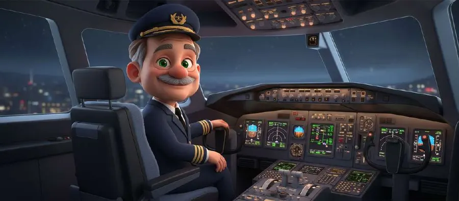 Un comandante de pelo cano sonríe sentado a los mandos de su avión, con las luces de la ciudad al fondo