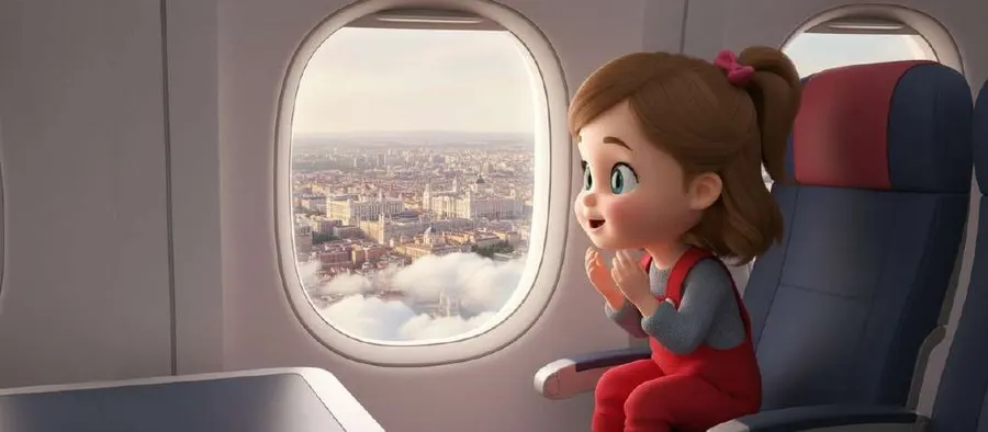Una niña mira por la ventanilla de un avión la ciudad que se queda pequeña abajo