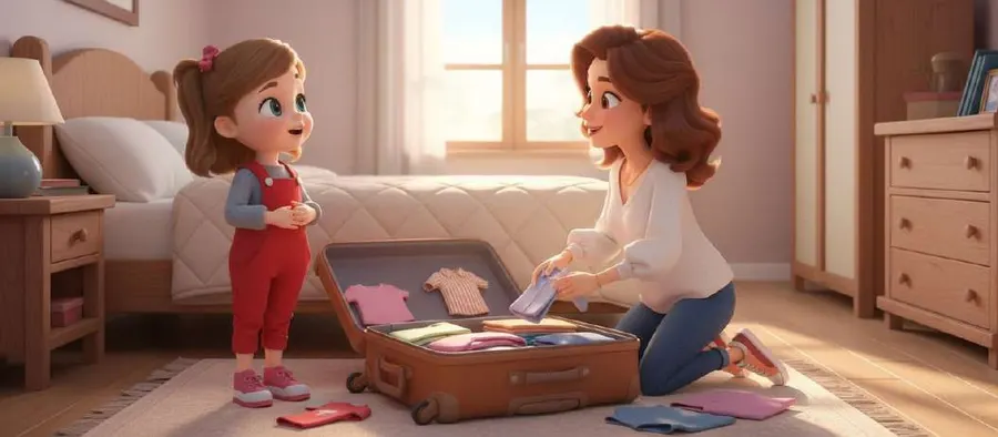 Una niña observa a su madre, arrodillada en el suelo del dormitorio, mientras prepara una maleta abierta