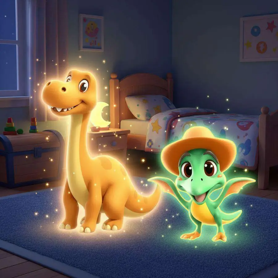 Dos dinosaurios brillantes, uno amarillo y otro verde con sombrero, aparecen en un dormitorio infantil a oscuras