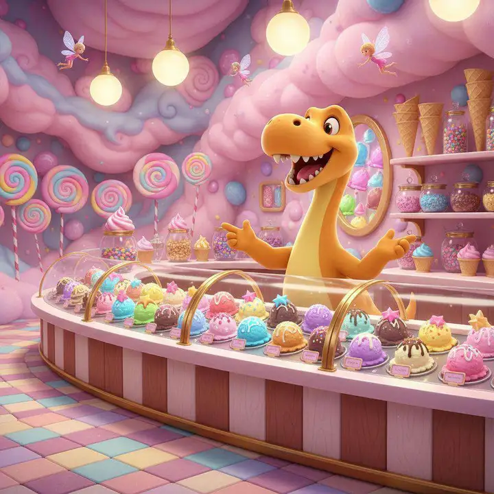 Un dinosaurio amarillo abre los brazos detrás del mostrador de una heladería gigante llena de helados de colores