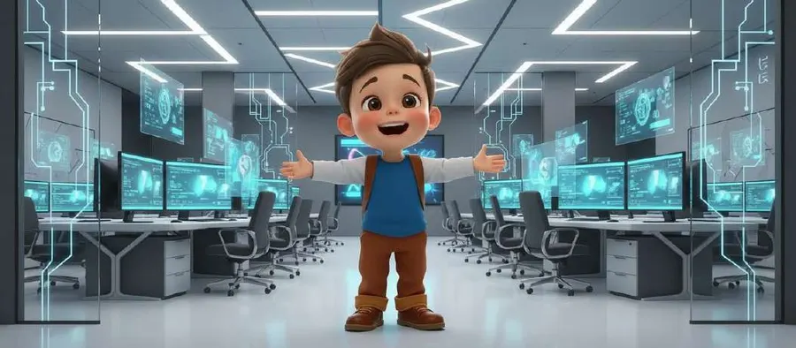 Un niño abre los brazos en medio de una oficina futurista llena de pantallas azules encendidas