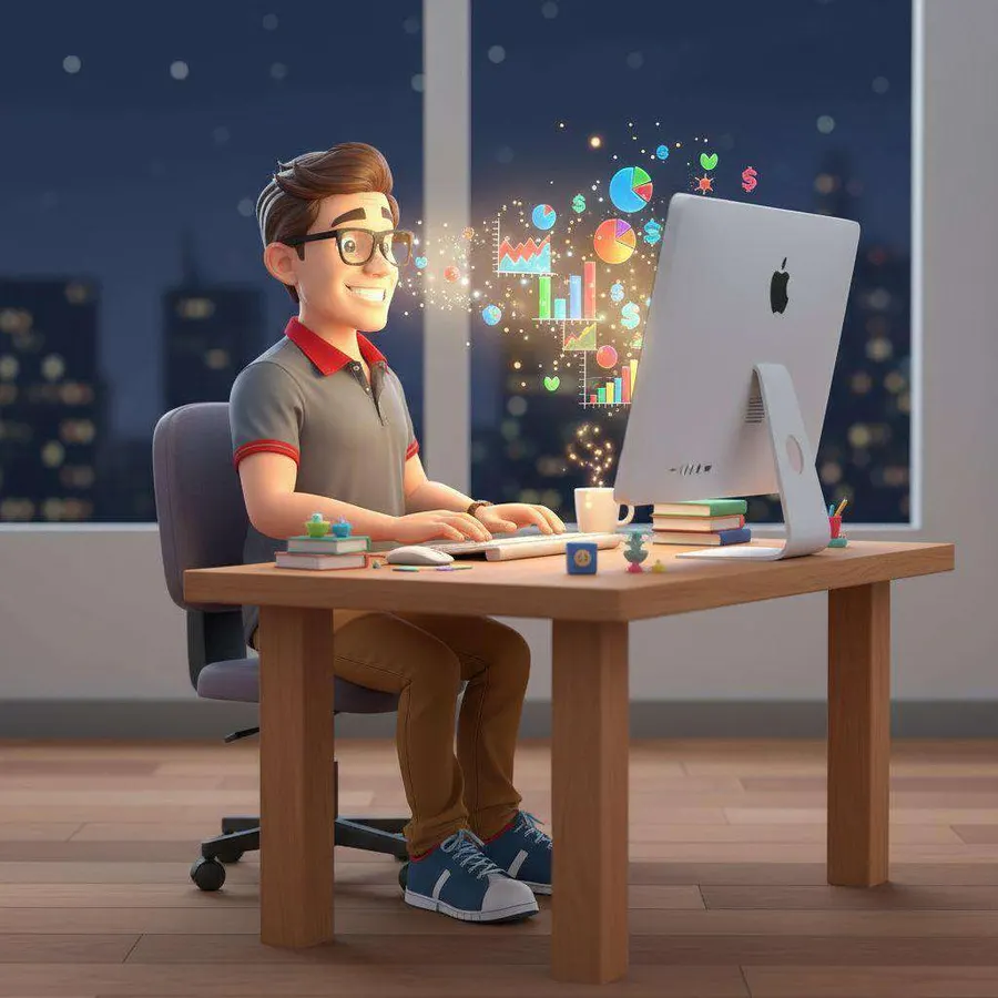 Un hombre con gafas teclea en su ordenador de noche mientras de la pantalla salen gráficos de colores flotando