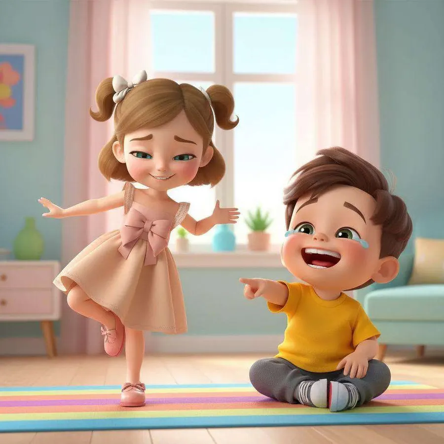 Una niña hace el equilibrio sobre una pierna en una esterilla de colores mientras su hermano, sentado, se ríe y la señala