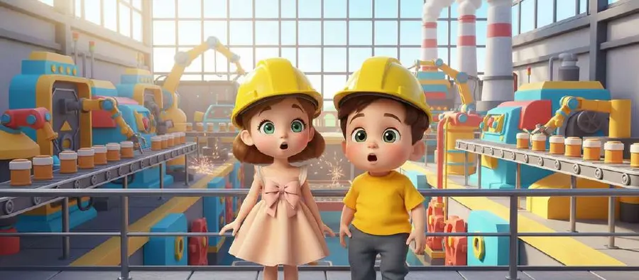 Dos niños con casco amarillo miran asombrados una cadena de montaje llena de maquinaria y brazos robóticos