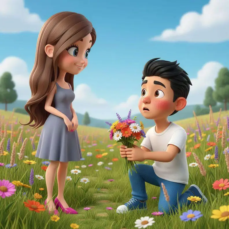 Leo, de rodillas y con un ramo de flores silvestres, declara su amor a Nora, que lo mira sorprendida