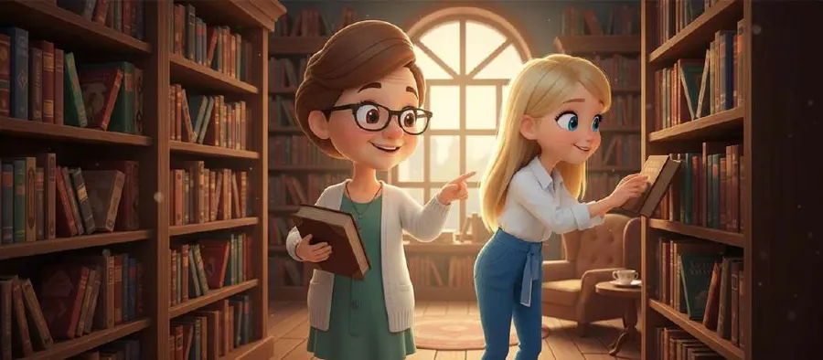 Un abuelo y su nieta adolescente buscan libros entre las estanterías de una biblioteca antigua