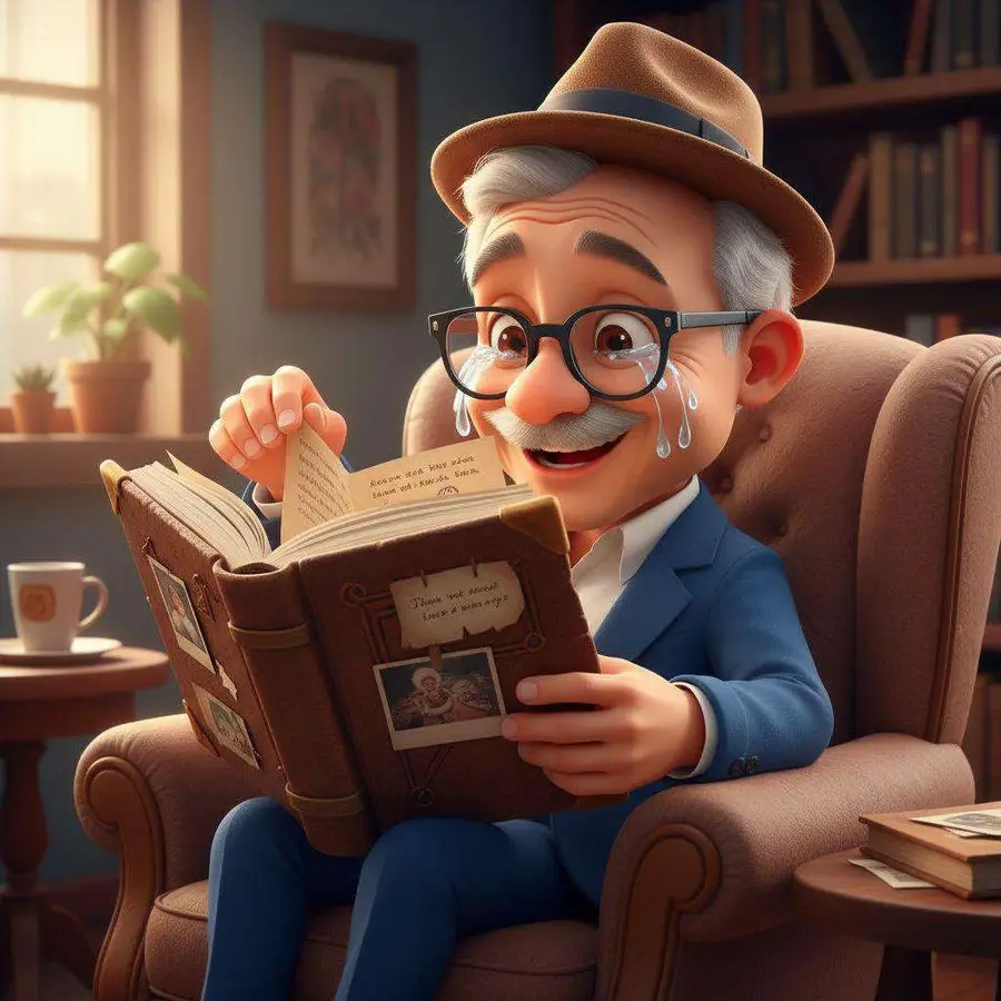 Un abuelo llora emocionado mientras lee un libro ilustrado sentado en su sillón