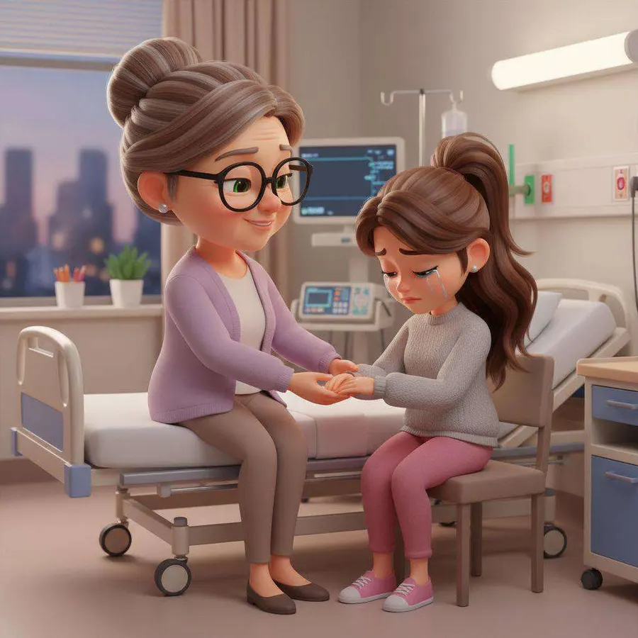 Una abuela sostiene las manos de su hija sentada en la cama de un hospital