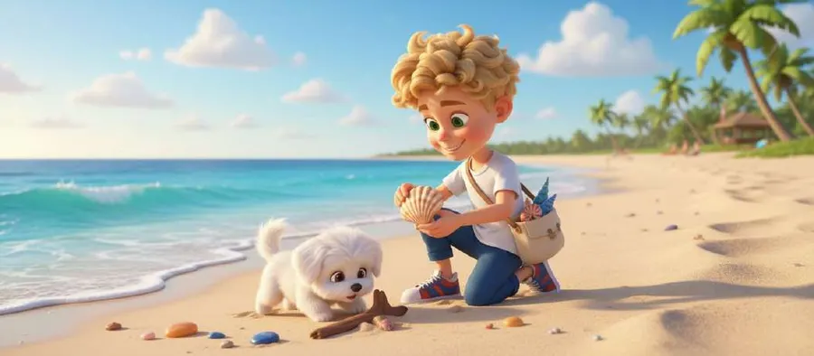 Un niño rubio recoge conchas en la arena de una playa turquesa junto a un perro blanco