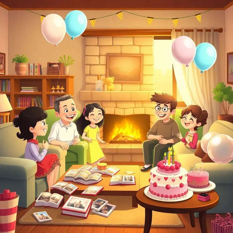 La familia celebra un cumpleaños en el salón junto a la chimenea, entre globos, álbumes de fotos y una tarta