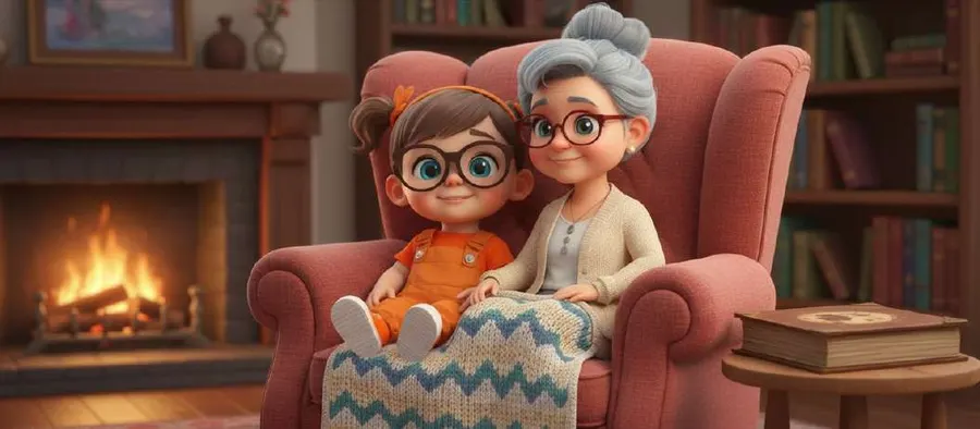 Una niña con gafas y su abuela, sentadas juntas en un sillón junto a la chimenea, rodeadas de libros