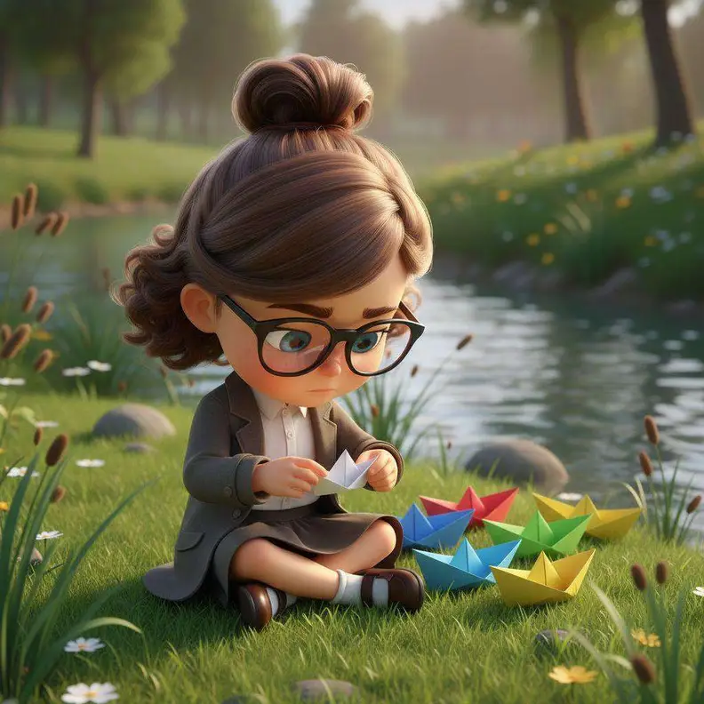 Una niña de gafas dobla barcos de papel de colores sentada en la hierba, junto a la orilla de un río