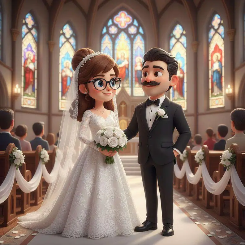 Los novios se dan la mano en el altar de una iglesia de vidrieras, ella con vestido blanco y ramo, él de esmoquin