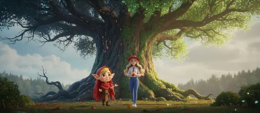 Una elfa y una alumna ante un árbol gigantesco con la mitad de las ramas secas y la otra mitad verde