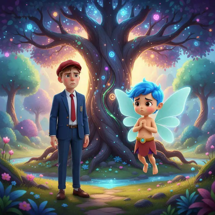 Un alumno con boina roja junto a un hada de pelo azul ante un árbol enorme de hojas brillantes