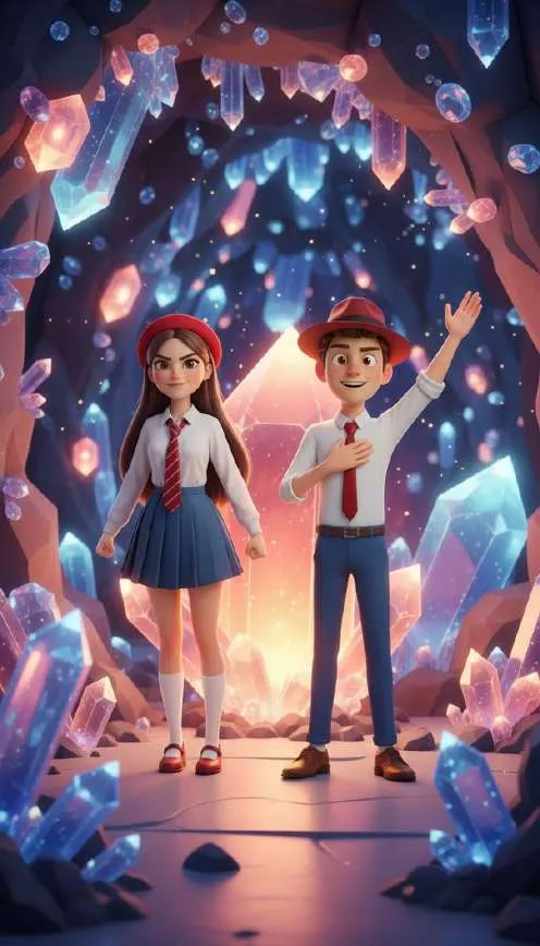 Dos alumnos con boina roja se preparan en una cueva llena de cristales de colores